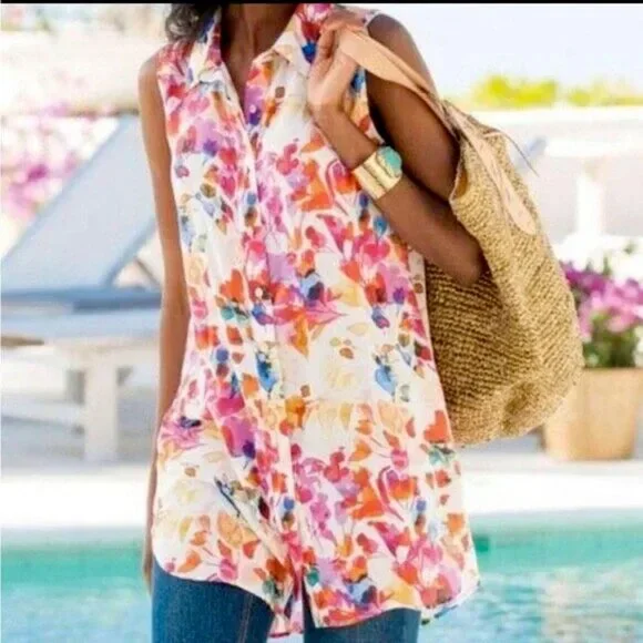 SOFT SURROUNDINGS Summer Blooms Sleeveless Button Front Tunic Blouse - Picture 1 of 10